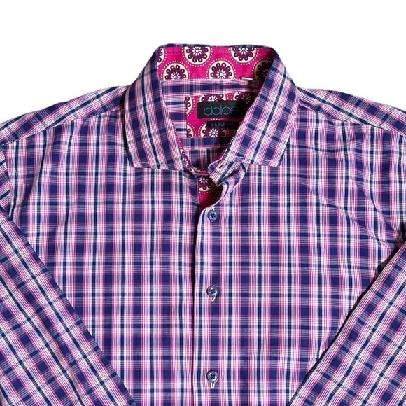 Dolce Men’s Slim Fit Button Down Contrast Cuffs Plaid Shirt Sz. L - Picture 2 of 12